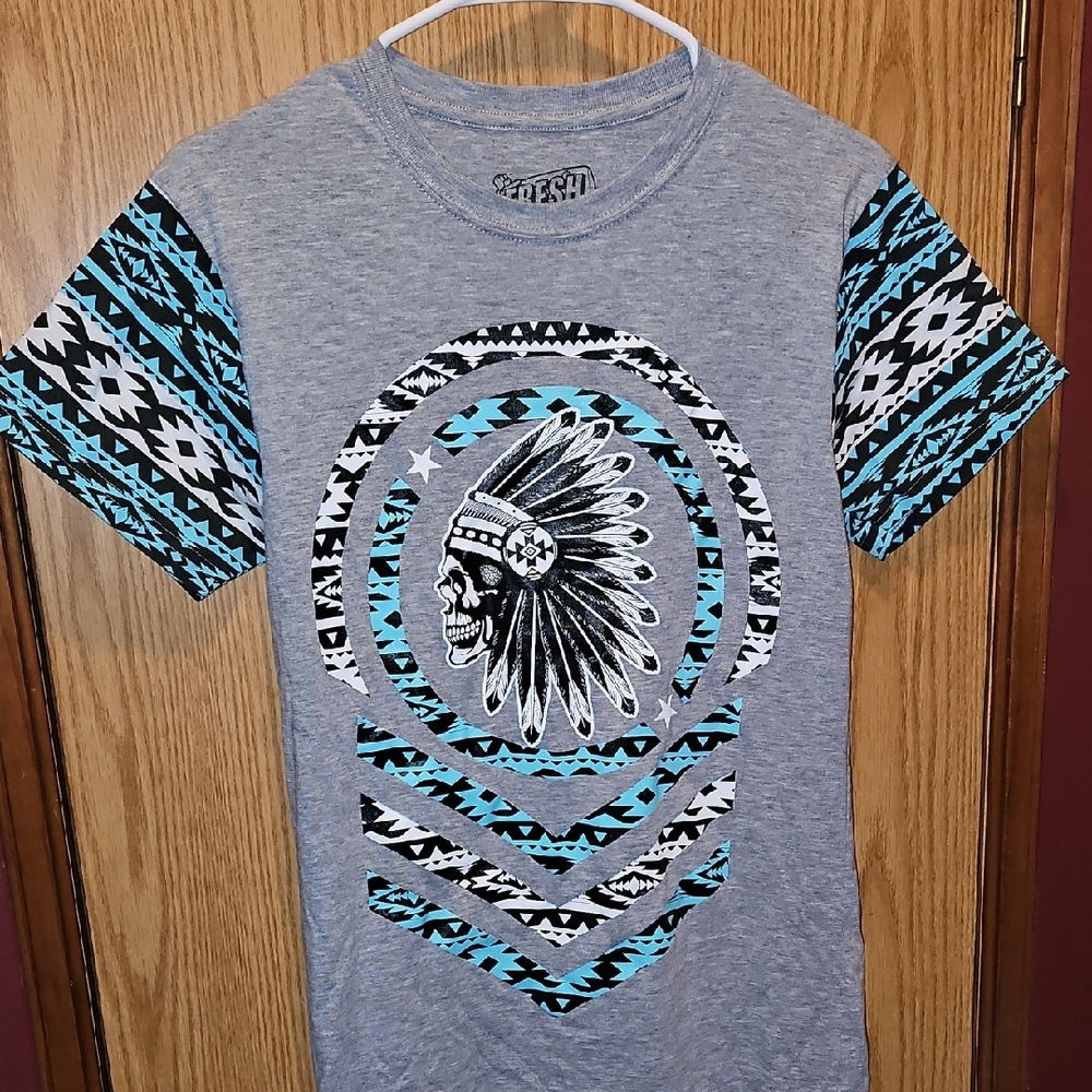 Gray Graphic T-Shirt with Blue Accents